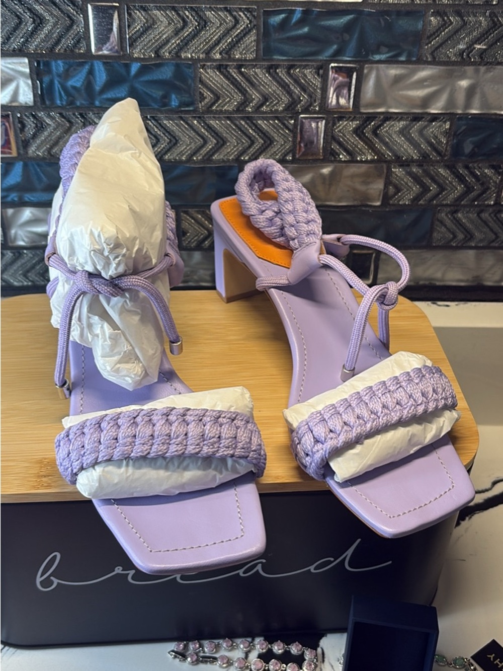 SCHUTZ Lilac Braided Strap Block Heel Sandals with Ankle Tie
